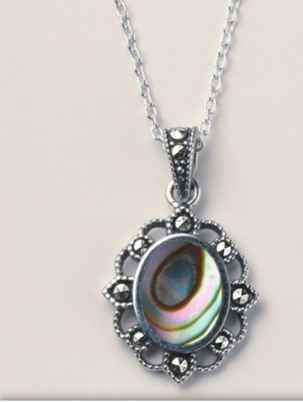 Silver Sterling Silver Marcasite and Abalone Necklace